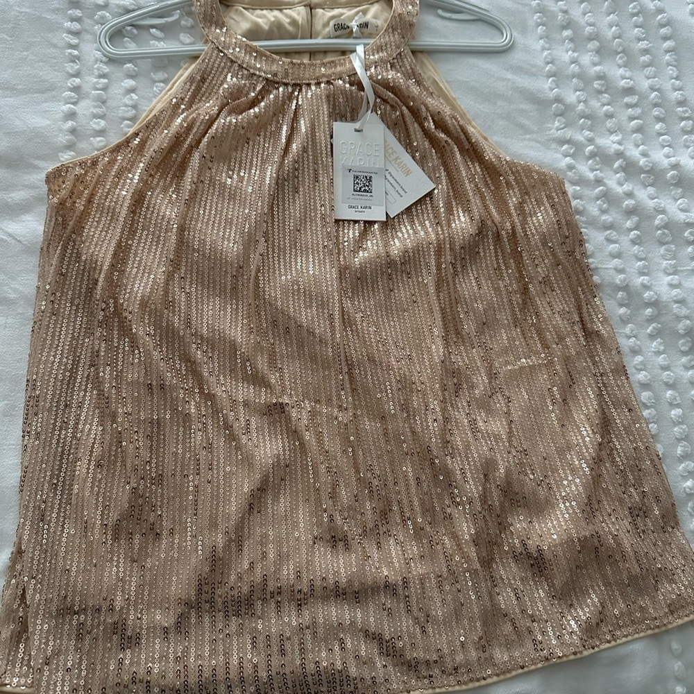 Grace Karin Sleeveless Sequin Women's Top in Champagne/ Rose Gold New